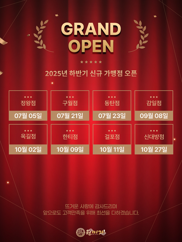 GRAND OPEN 2025년 하반기 신규 가맹점 오픈 정왕점 07월 05일, 구월점 07월 21일, 동탄점 07월 23일, 감일점 09월 08일, 옥길점 10월 2일, 한티점 10월 9일, 걸포점 10월 11일, 신대방점 10월 27일 오픈. 뜨거운 사랑에 감사드리며 앞으로도 고객만족을 위해 최선을 다하겠습니다. 원미가 4fcc9ab7fa2719c28f543f5d9b3b97ce_1761285823_3357.jpg