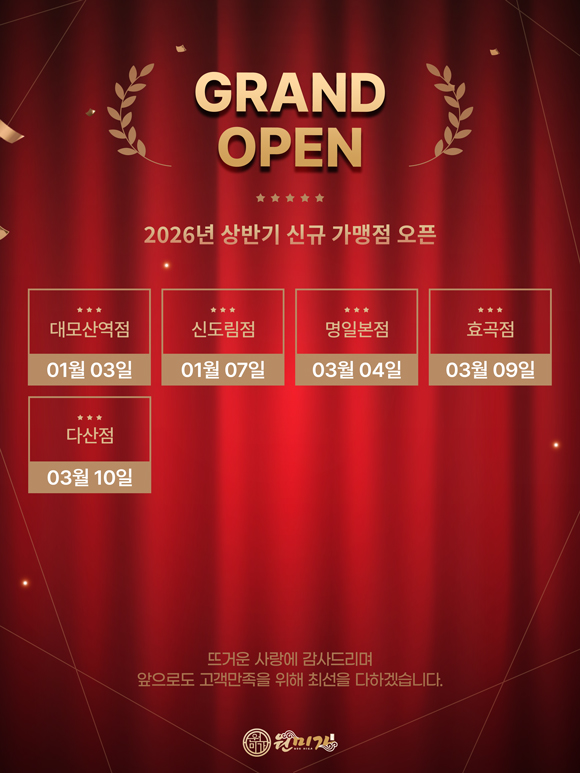 GRAND OPEN 2026년 상반기 신규 가맹점 오픈 대모산역점 01월 03일, 신도림점 01월 07일, 명일본점 03월 04일, 효곡점 03월 09일, 다산점 03월 10일 오픈. 뜨거운 사랑에 감사드리며 앞으로도 고객만족을 위해 최선을 다하겠습니다. 원미가 b7784cb851a3f95141def7bed3772a5e_1773384873_2443.jpg