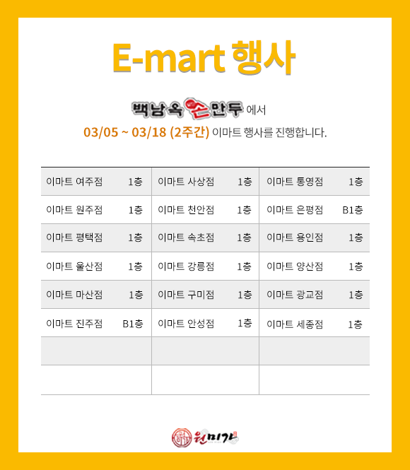 이마트행사 백남옥손만두에서 03/05 ~ 03/18(2주간) 이마트 행사를 진행합니다. 이마트 여주점, 사상점, 통영점, 원주점, 천안점, 평택점, 속초점, 용인점, 울산점, 강릉점, 양산점, 마산점, 구미점, 광교점, 안성점, 세종점 1층 / 은평점, 진주점 B1층 e78fd113fb439b4c2a37a62942633b1e_1772584307_9088.png