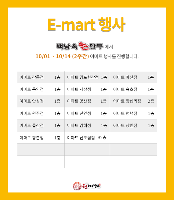 이마트행사 백남옥손만두에서 10/01 ~ 10/14(2주간) 이마트 행사를 진행합니다. 이마트 왕십리점 2층 / 강릉점, 김포한강점, 마산점, 용인점, 사상점, 속초점, 안성점, 양산점, 원주점, 천안점, 평택점, 울산점, 김해점, 창원점, 평촌점 1층 / 신도림점 B2층 d8d52e97fcea92f7ad033d4598dd86e3_1790758796_4934.png